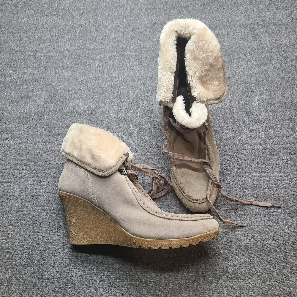 Sonoma Womens Wedge Ankle Boots Taupe‎ Suede Faux Fur Lined Lace Up Size 8.5